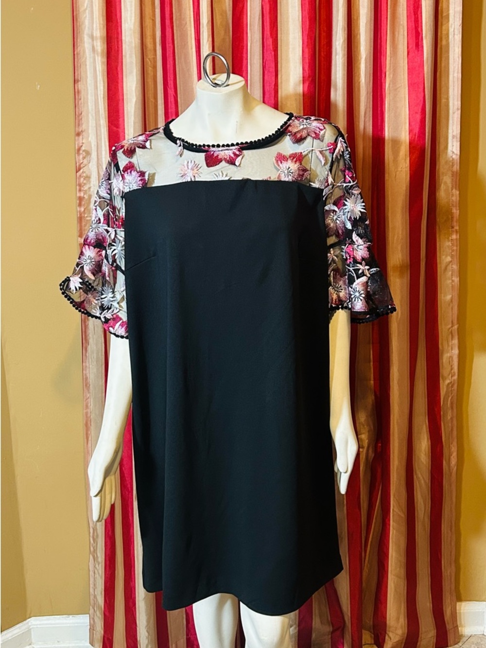 Lane Bryant Black Shift Dress with Pink Floral Mesh Yoke